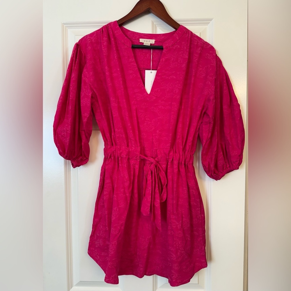 G.P.D. Good People Design Pink Jacquard Mini Dress XS Boho Puff Sleeve Tie Waist